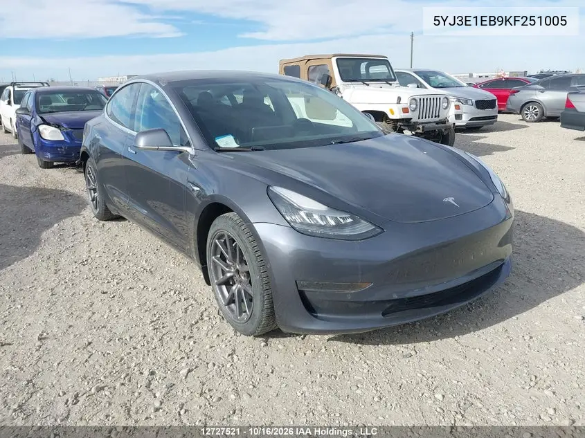 TESLA MODEL 3 2019, VIN 5YJ3E1EB9KF251005