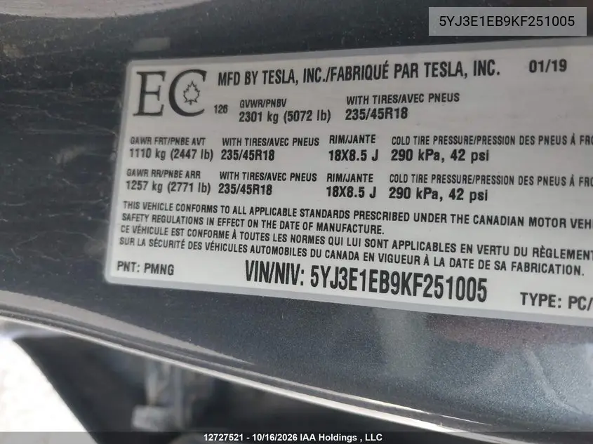 2019 TESLA MODEL 3 VIN 5YJ3E1EB9KF251005 — фото 9