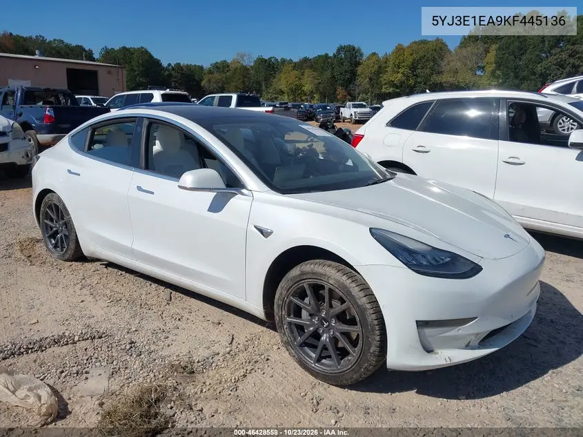 TESLA MODEL 3 2019, VIN 5YJ3E1EA9KF445136