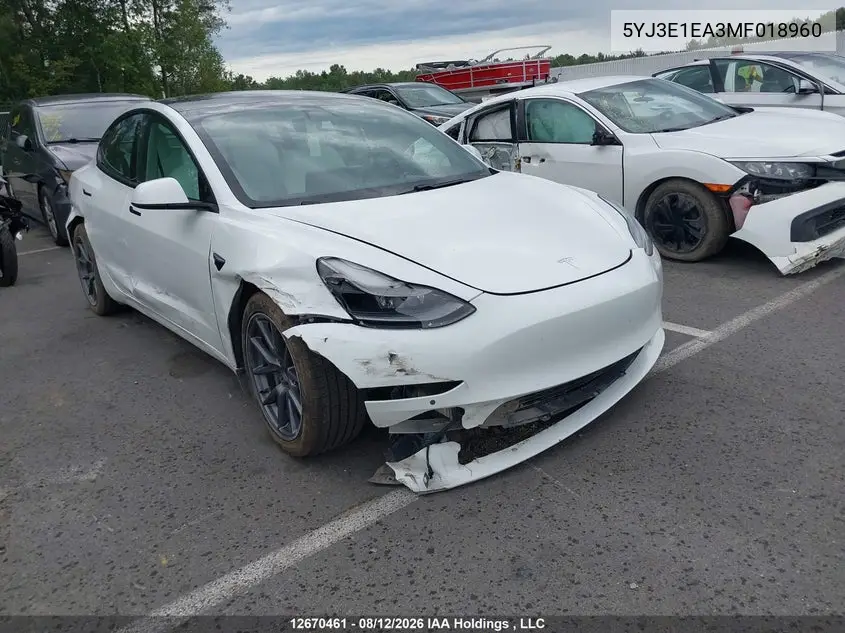 TESLA MODEL 3 2021, VIN 5YJ3E1EA3MF018960