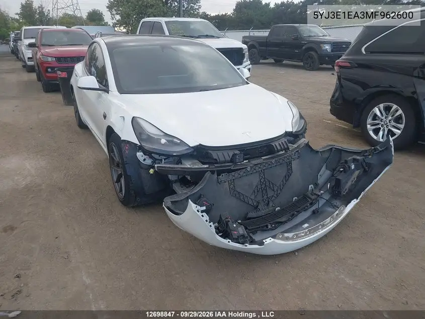 TESLA MODEL 3 2021, VIN 5YJ3E1EA3MF962600