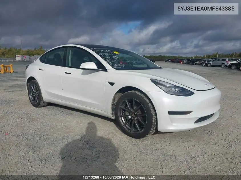 TESLA MODEL 3 2021, VIN 5YJ3E1EA0MF843385