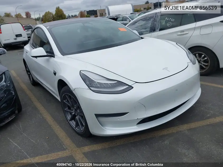 TESLA MODEL 3 2021, VIN 5YJ3E1EA0MF856539