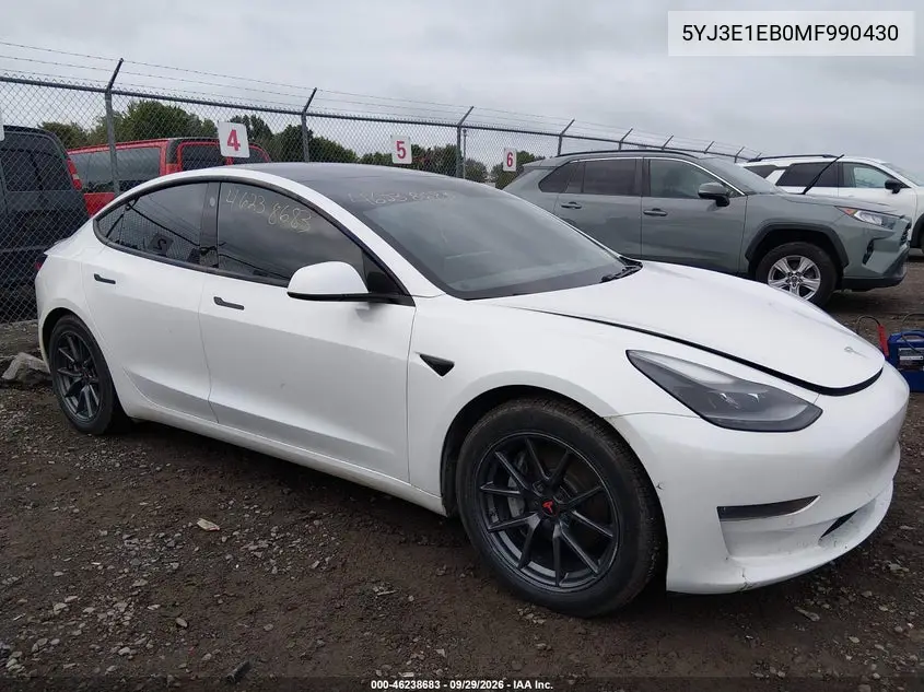 TESLA MODEL 3 2021, VIN 5YJ3E1EB0MF990430