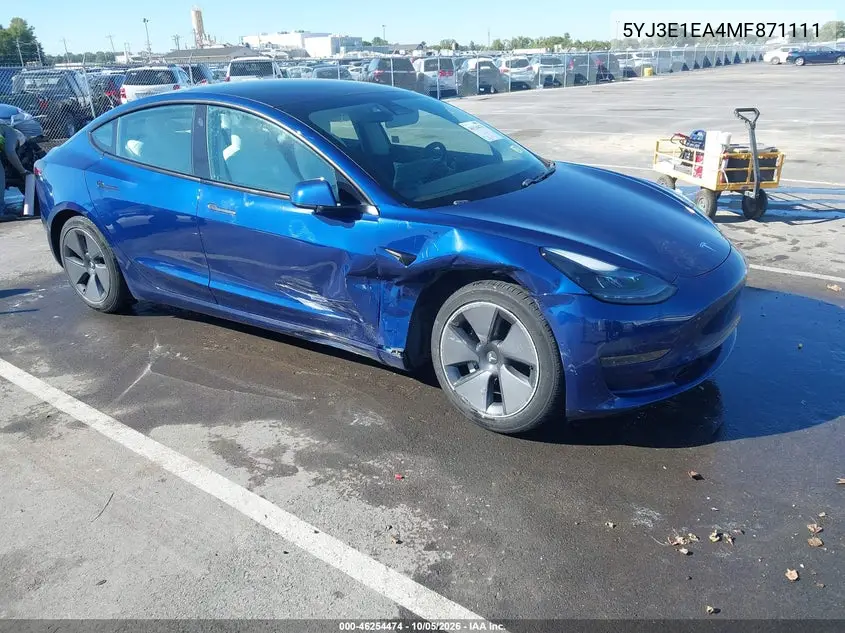 TESLA MODEL 3 2021, VIN 5YJ3E1EA4MF871111