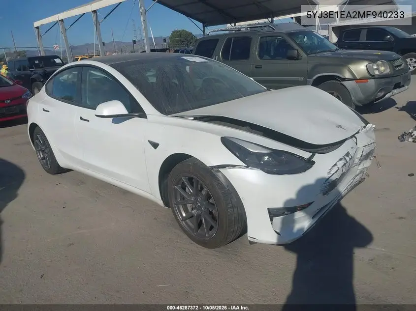 TESLA MODEL 3 2021, VIN 5YJ3E1EA2MF940233