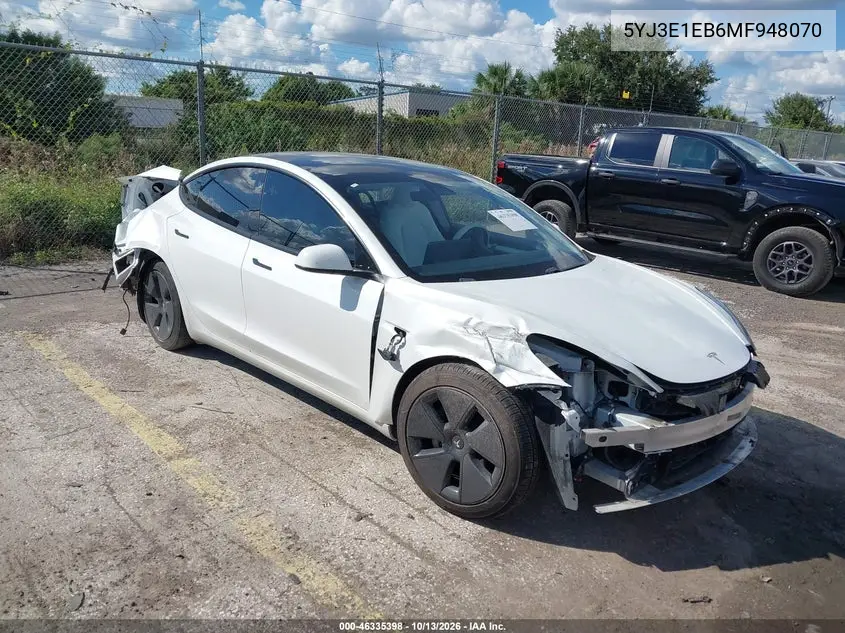 TESLA MODEL 3 2021, VIN 5YJ3E1EB6MF948070