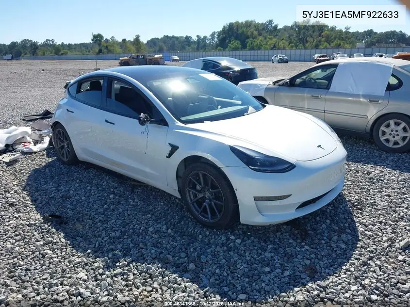 TESLA MODEL 3 2021, VIN 5YJ3E1EA5MF922633