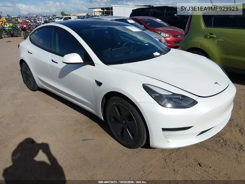 TESLA MODEL 3 2021, VIN 5YJ3E1EA9MF929925