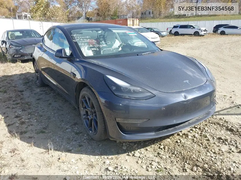 TESLA MODEL 3 2022, VIN 5YJ3E1EB3NF354568