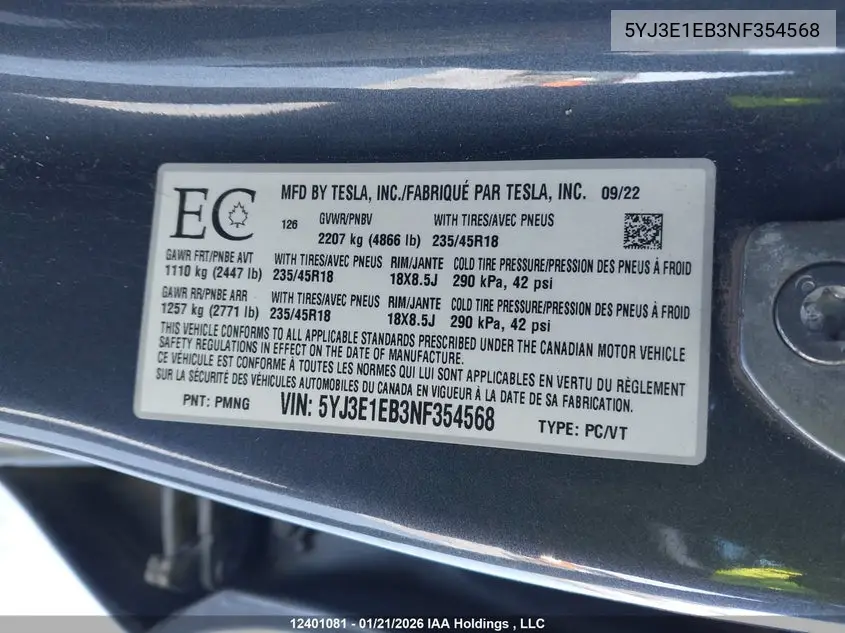 2022 TESLA MODEL 3 VIN 5YJ3E1EB3NF354568 — фото 18