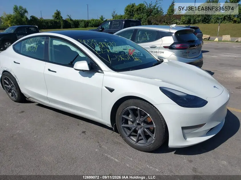 TESLA MODEL 3 2022, VIN 5YJ3E1EA8NF336574