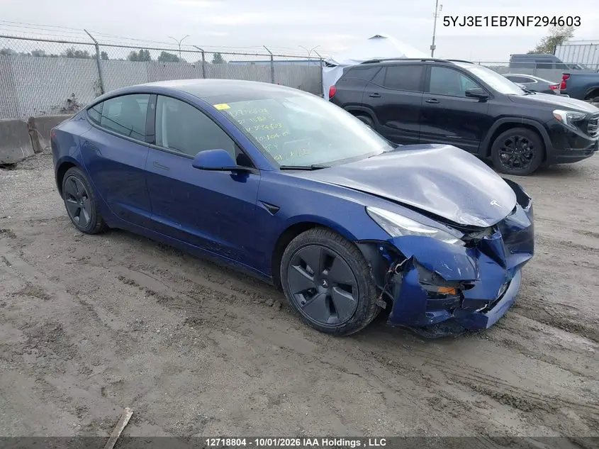 TESLA MODEL 3 2022, VIN 5YJ3E1EB7NF294603