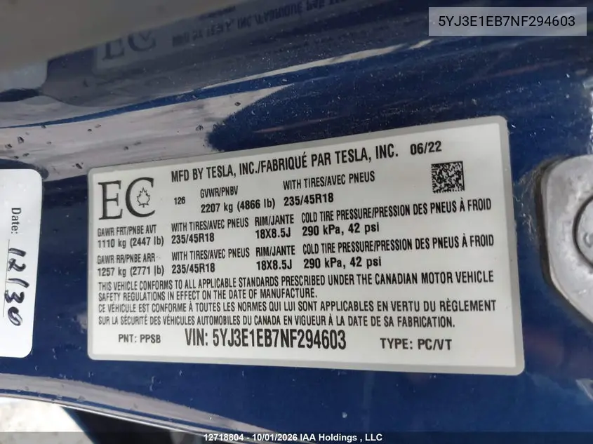 2022 TESLA MODEL 3 VIN 5YJ3E1EB7NF294603 — фото 19