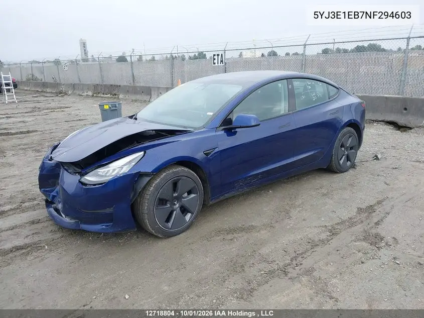 2022 TESLA MODEL 3 VIN 5YJ3E1EB7NF294603 — фото 2