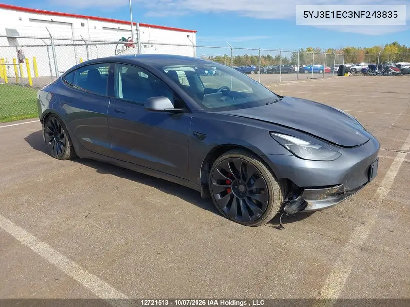 TESLA MODEL 3 2022, VIN 5YJ3E1EC3NF243835