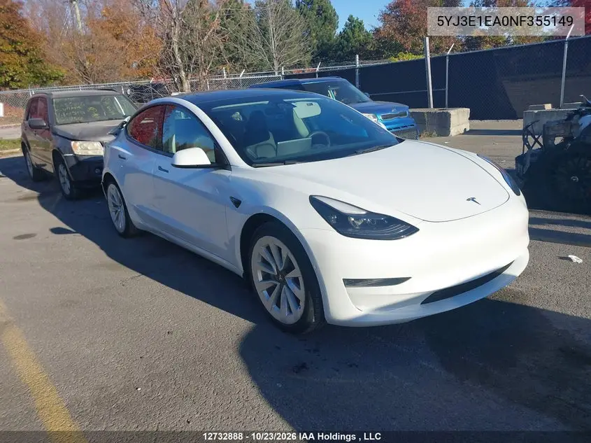 TESLA MODEL 3 2022, VIN 5YJ3E1EA0NF355149