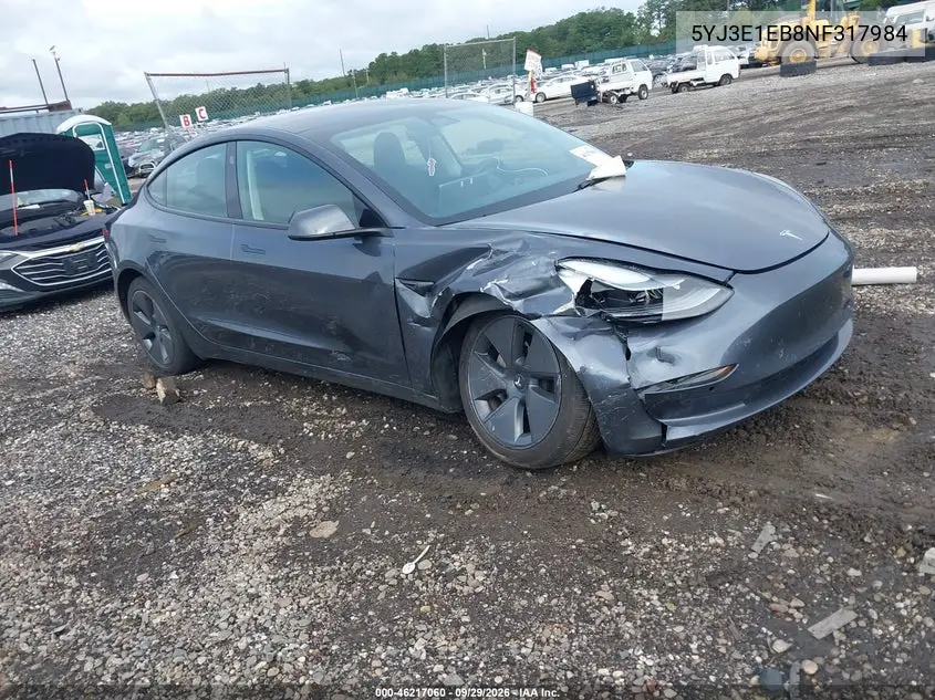 TESLA MODEL 3 2022, VIN 5YJ3E1EB8NF317984