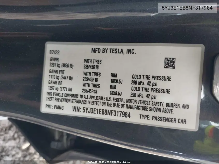 2022 TESLA MODEL 3 VIN 5YJ3E1EB8NF317984 — фото 9