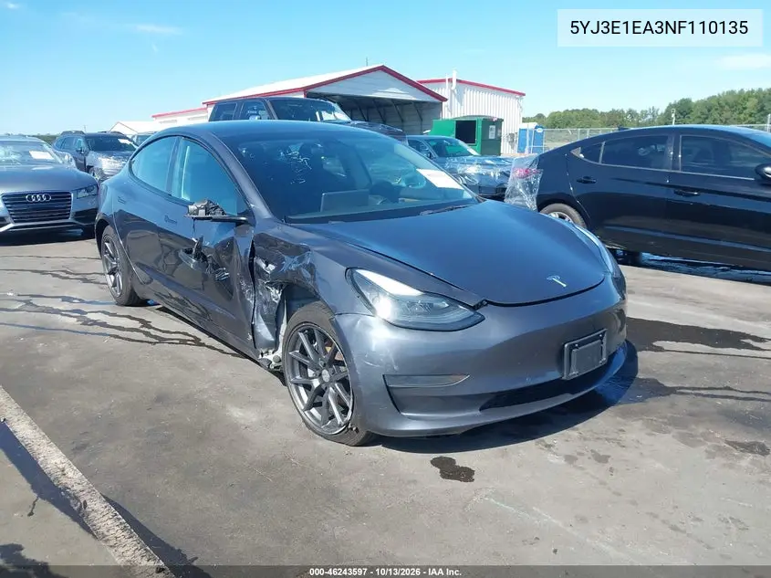 TESLA MODEL 3 2022, VIN 5YJ3E1EA3NF110135