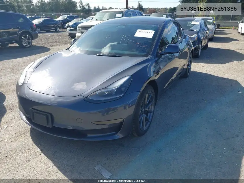 2022 TESLA MODEL 3 VIN 5YJ3E1EB8NF251386 — фото 2