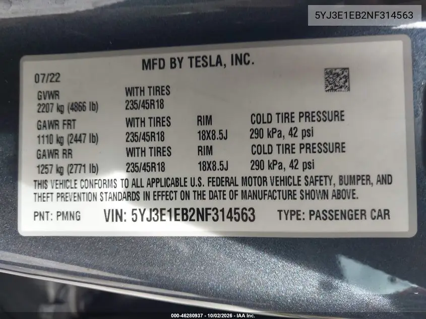 2022 TESLA MODEL 3 VIN 5YJ3E1EB2NF314563 — фото 9
