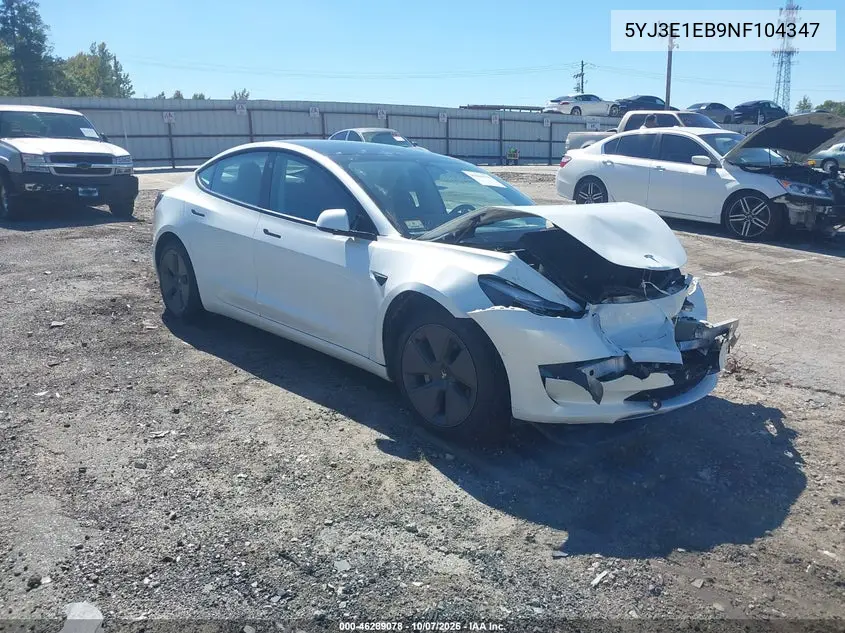 TESLA MODEL 3 2022, VIN 5YJ3E1EB9NF104347