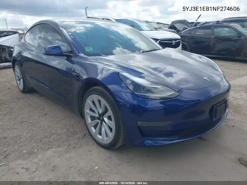 TESLA MODEL 3 2022, VIN 5YJ3E1EB1NF274606