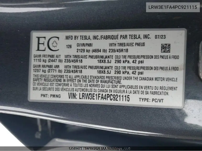 2023 TESLA MODEL 3 VIN LRW3E1FA4PC921115 — фото 9