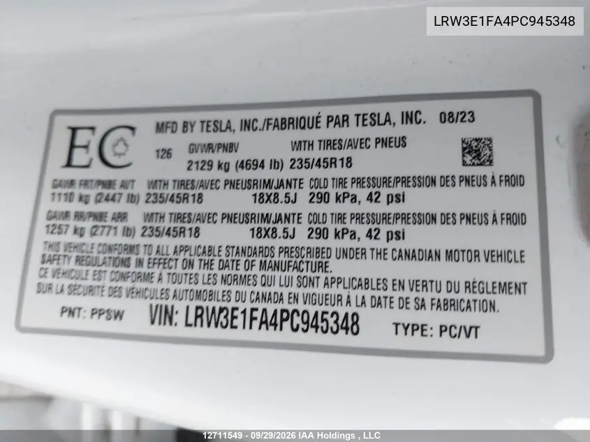 2023 TESLA MODEL 3 VIN LRW3E1FA4PC945348 — фото 19