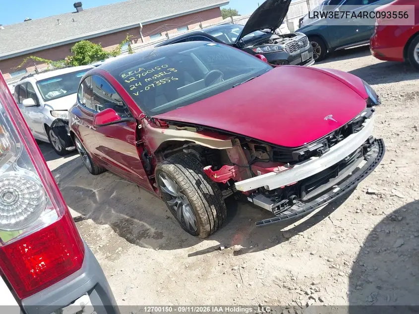 TESLA MODEL 3 2024, VIN LRW3E7FA4RC093556