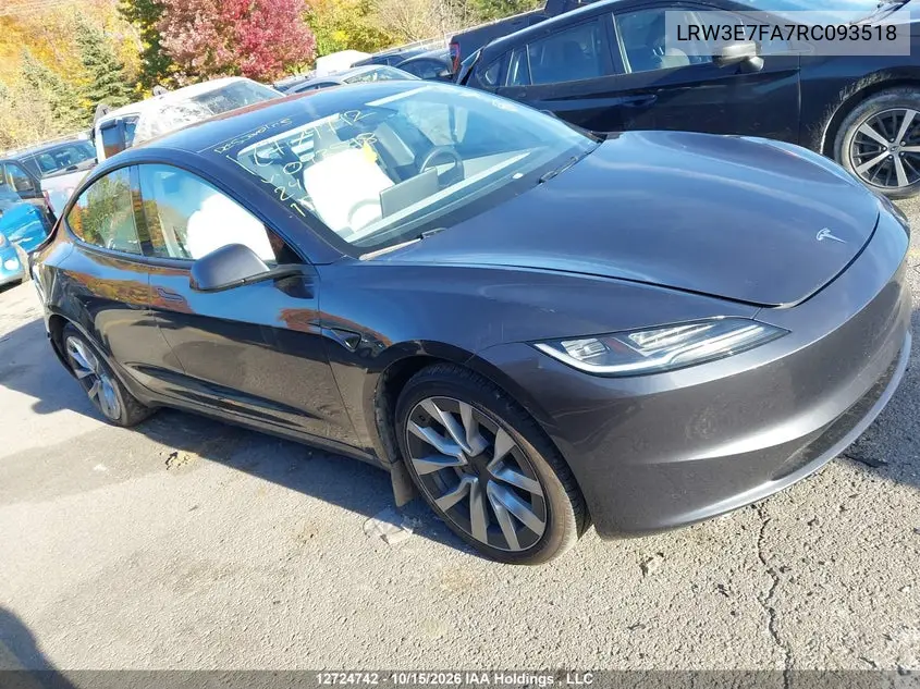 TESLA MODEL 3 2024, VIN LRW3E7FA7RC093518