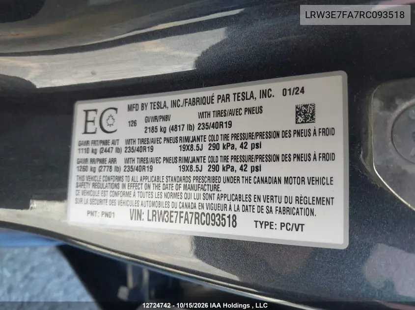2024 TESLA MODEL 3 VIN LRW3E7FA7RC093518 — фото 18