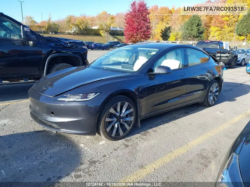2024 TESLA MODEL 3 VIN LRW3E7FA7RC093518 — фото 2