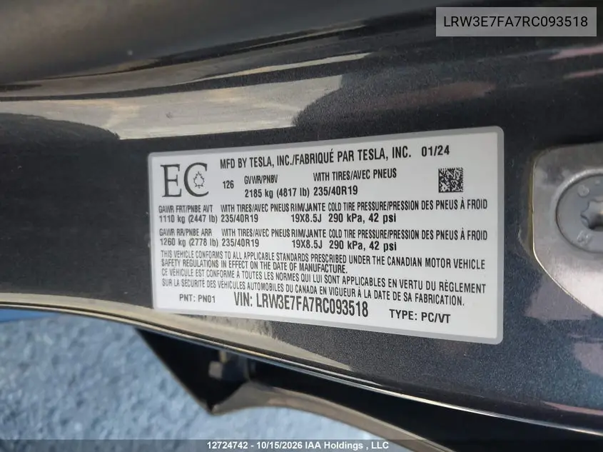 2024 TESLA MODEL 3 VIN LRW3E7FA7RC093518 — фото 9