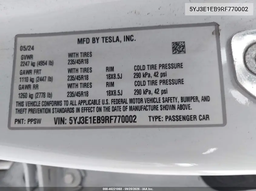 2024 TESLA MODEL 3 VIN 5YJ3E1EB9RF770002 — фото 9
