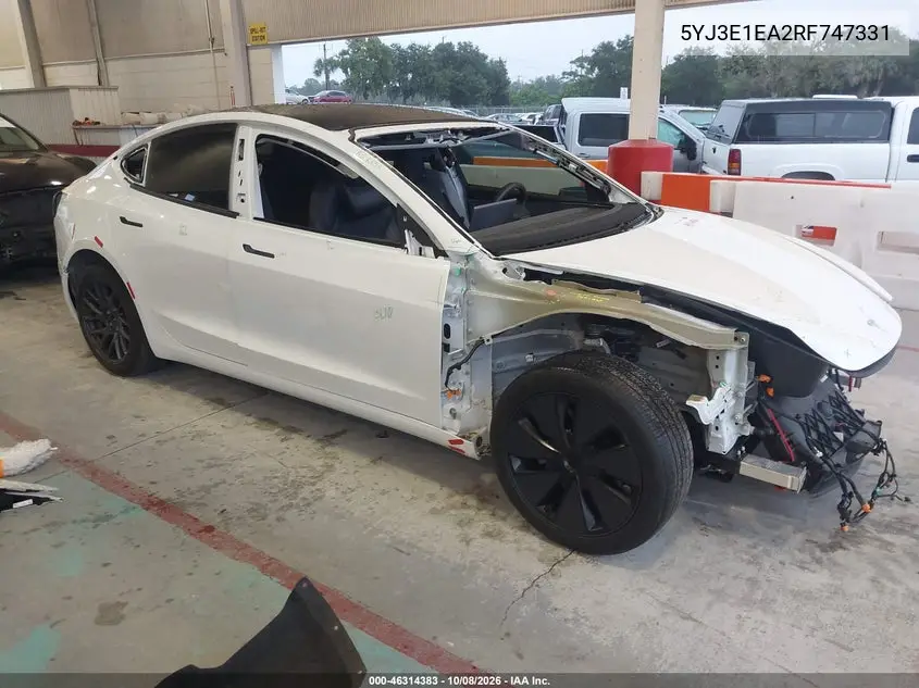 TESLA MODEL 3 2024, VIN 5YJ3E1EA2RF747331