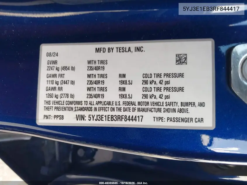 2024 TESLA MODEL 3 VIN 5YJ3E1EB3RF844417 — фото 9