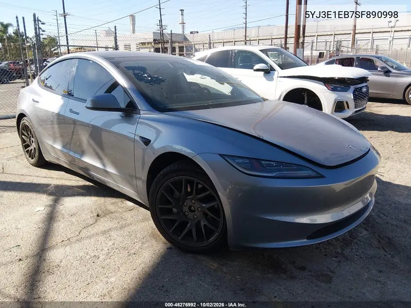 TESLA MODEL 3 2025, VIN 5YJ3E1EB7SF890998