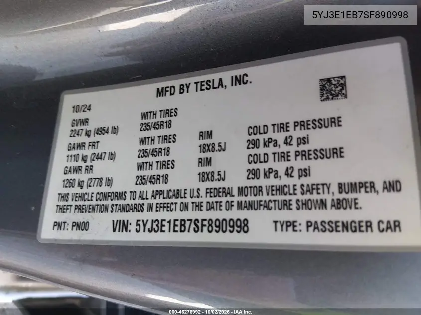 2025 TESLA MODEL 3 VIN 5YJ3E1EB7SF890998 — фото 9