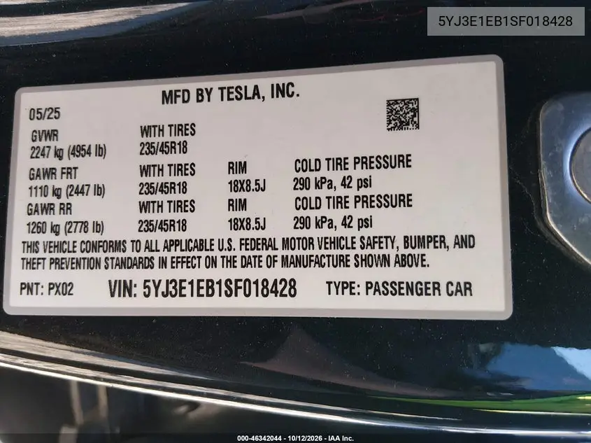 2025 TESLA MODEL 3 VIN 5YJ3E1EB1SF018428 — фото 9