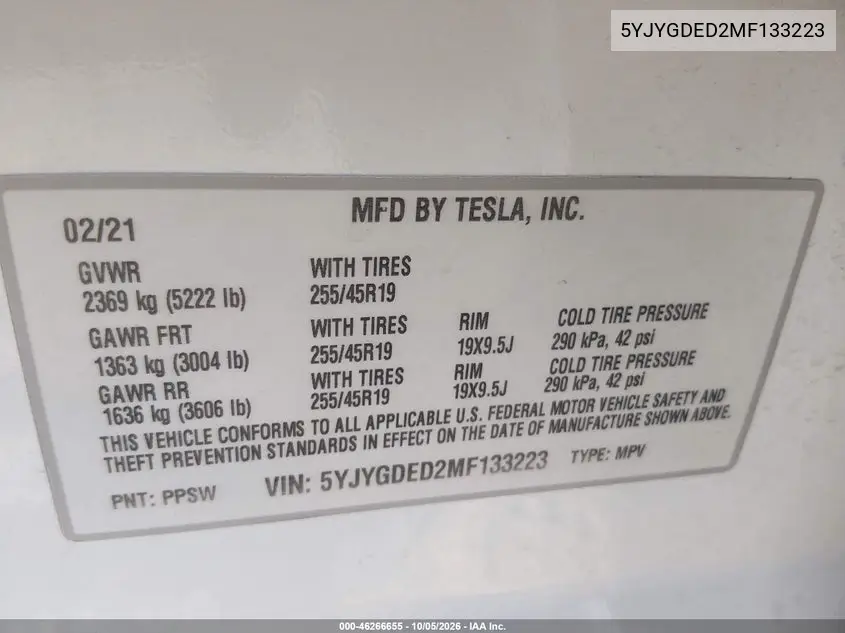 2021 TESLA MODEL Y VIN 5YJYGDED2MF133223 — фото 9