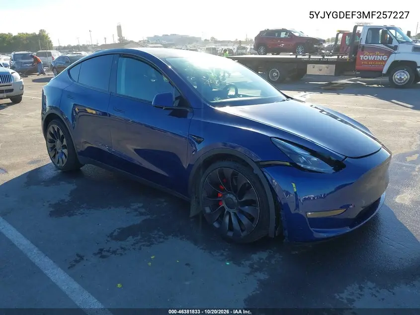 TESLA MODEL Y 2021, VIN 5YJYGDEF3MF257227