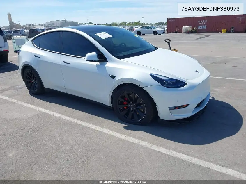 TESLA MODEL Y 2022, VIN 7SAYGDEF0NF380973