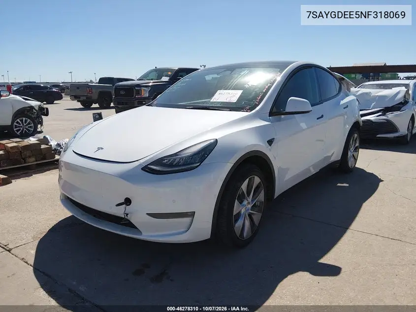 2022 TESLA MODEL Y VIN 7SAYGDEE5NF318069 — фото 2