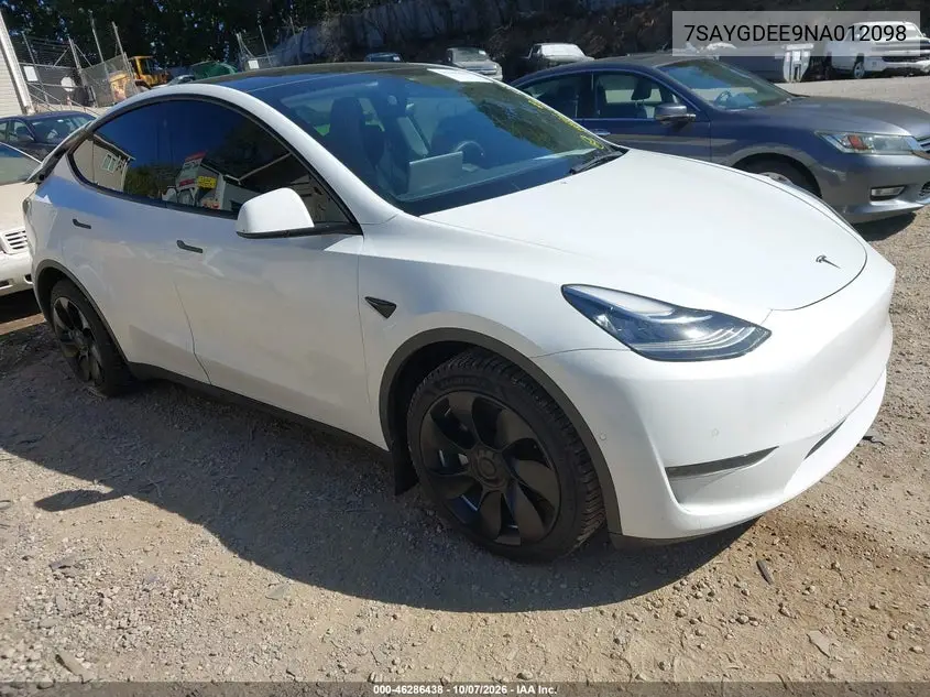 TESLA MODEL Y 2022, VIN 7SAYGDEE9NA012098