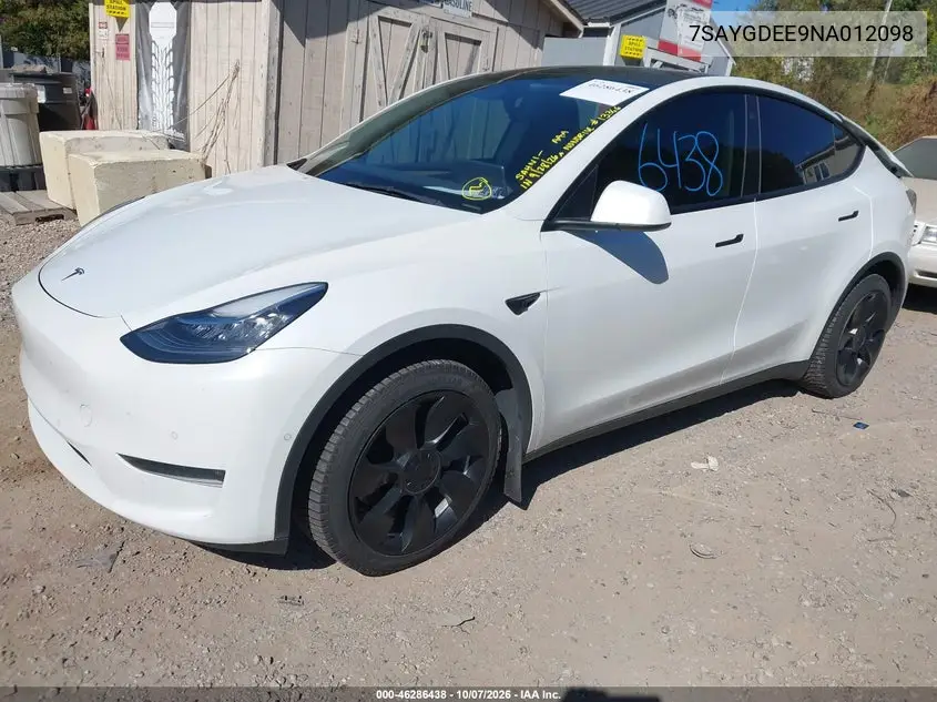 2022 TESLA MODEL Y VIN 7SAYGDEE9NA012098 — фото 2