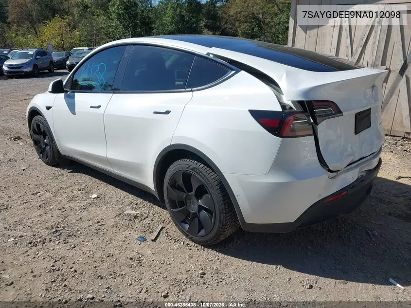 2022 TESLA MODEL Y VIN 7SAYGDEE9NA012098 — фото 3