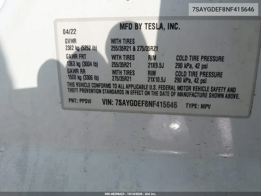 2022 TESLA MODEL Y VIN 7SAYGDEF8NF415646 — фото 9