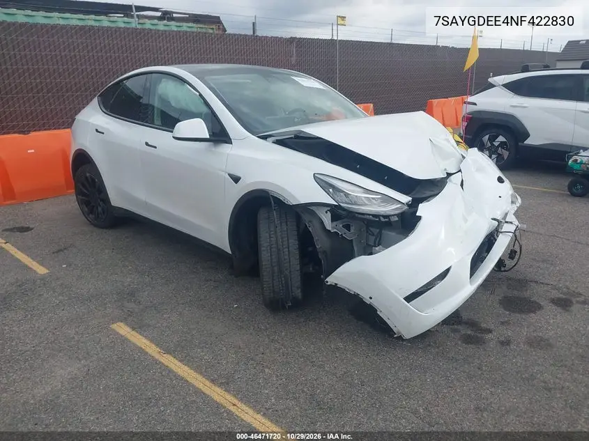 TESLA MODEL Y 2022, VIN 7SAYGDEE4NF422830